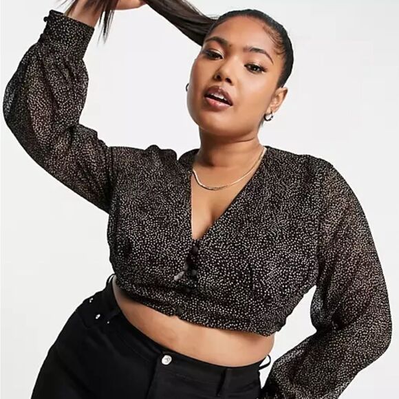 Koco & K Plus volume sleeve crop top in disty print Long Sleeves Button Up Shirt - Picture 1 of 9